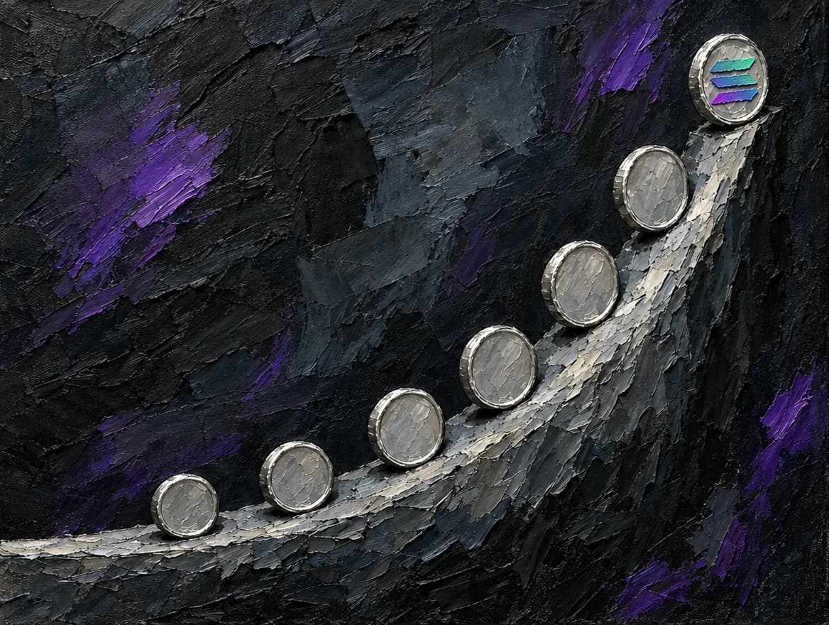 An oil painting of silver coins climbing a ramp that rises like a bonding curve, the Solana mark on the highest
